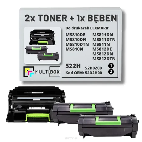 3-PAK Multibox 2x Toner + 1x Bęben do LEXMARK MS810 MS811 522H 52D2H00 52D0Z00 2x25.0K/100.0K zamiennik