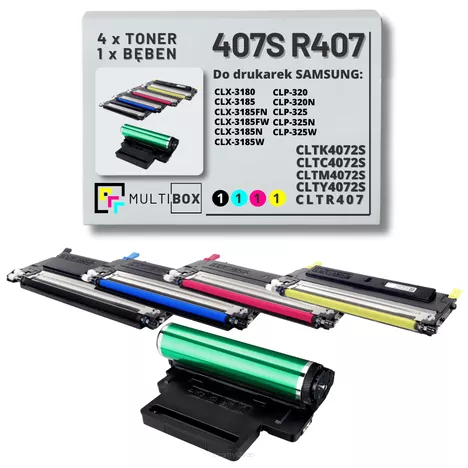 4x Toner + 1x Bęben do SAMSUNG 407S CLT-R407 CLP320 CLP325 CLX3185 1.5K/1K/24K CMYK 5-pak Multibox zamiennik