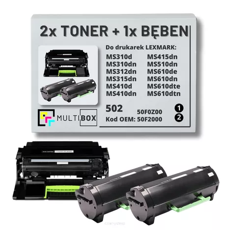 2x Toner + 1x Bęben do LEXMARK MS310 MS410 MS510 502 50F2000 50F0Z00 2x1.5K/60.0K Multibox zamiennik