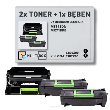 2x Toner + 1x Bęben do LEXMARK MS818 MX718 53B2X00 52D0Z00 2x45.0K/100.0K Multibox zamiennik