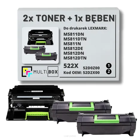 3-PAK Multibox 2x Toner + 1x Bęben do LEXMARK MS811 MS812 522X 52D2X00 52D0Z00 2x45.0K/100.0K zamiennik
