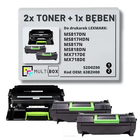 2x Toner + 1x Bęben do LEXMARK MX717 MX718 63B2H00 52D0Z00 2x25.0K/100.0K Multibox zamiennik