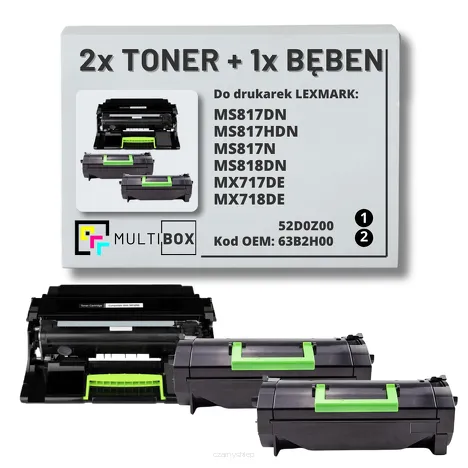 3-PAK Multibox 2x Toner + 1x Bęben do LEXMARK MX717 MX718 63B2H00 52D0Z00 2x25.0K/100.0K zamiennik