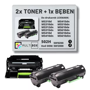 2x Toner + 1x Bęben do LEXMARK MS310 MS410 MS510 502H 50F2H00 50F0Z00 2x5.0K/60.0K Multibox zamiennik