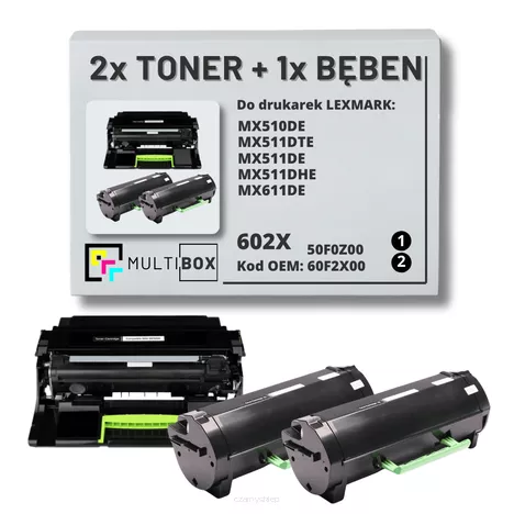 2x Toner + 1x Bęben do LEXMARK MX510 MX610 602X 60F2X00 50F0Z00 2x20.0K/60.0K Multibox zamiennik