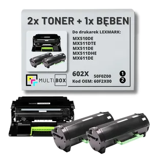 3-PAK Multibox 2x Toner + 1x Bęben do LEXMARK MX510 MX610 602X 60F2X00 50F0Z00 2x20.0K/60.0K zamiennik